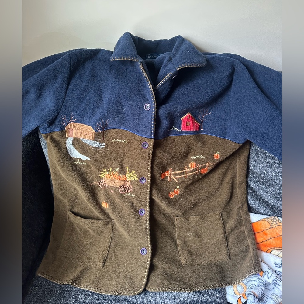 Karen Scott Navy and Brown Embroidered Fleece Pumpkin Patch Jacket